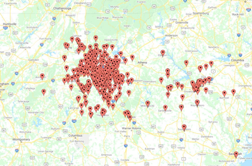 Map of 1,000+ houses bought by Property Problem Solvers across Georgia